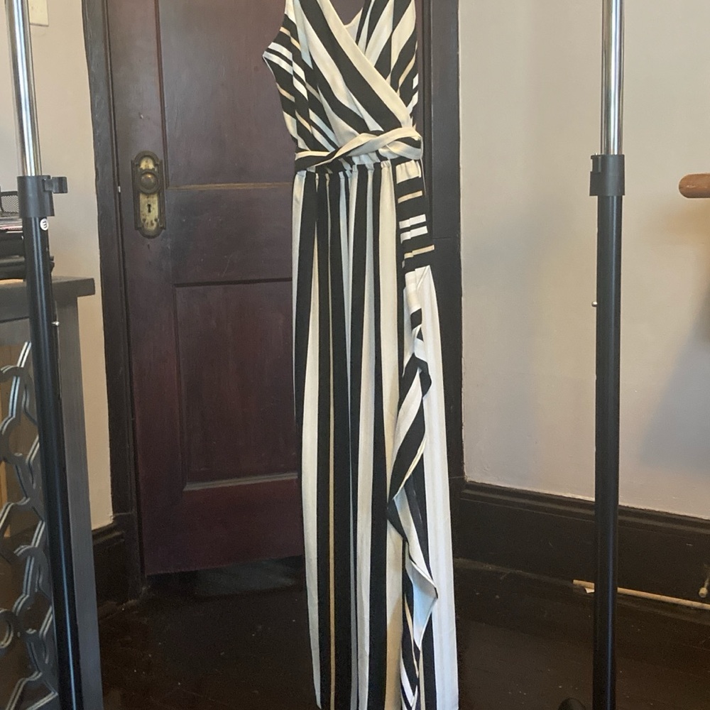 LOFT Black and White Striped Wrap Dress